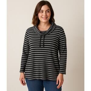 Soft Surroundings Black Gray Striped Cowl Neck Long Sleeve Top Women’s XL Cozy